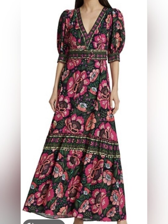FARM Rio Dresses & Skirts - FARM Rio Flowers Garden Maxi Dress with Bold Pink & Green Print Small